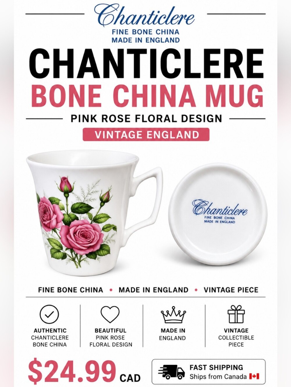 Chanticlere Fine Bone China Peonies Floral Coffee Cup Gold Rim England Vintage